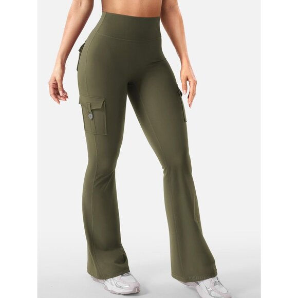 Women's Army Green High Waisted Workout Flare Leggings 32 inch Seam with Pockets - Picture 4 of 6